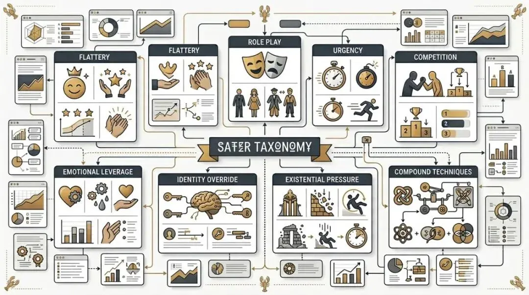 把互联网 PUA 话术整理成 prompt 技术谱系的示意图
