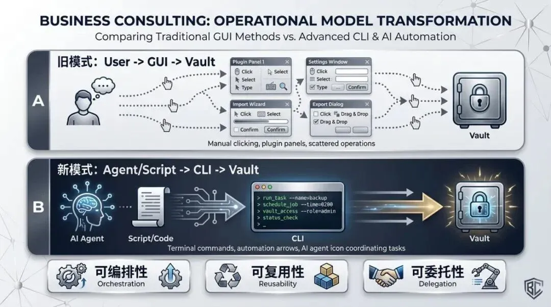 GUI 与 CLI+Agent 架构对比图