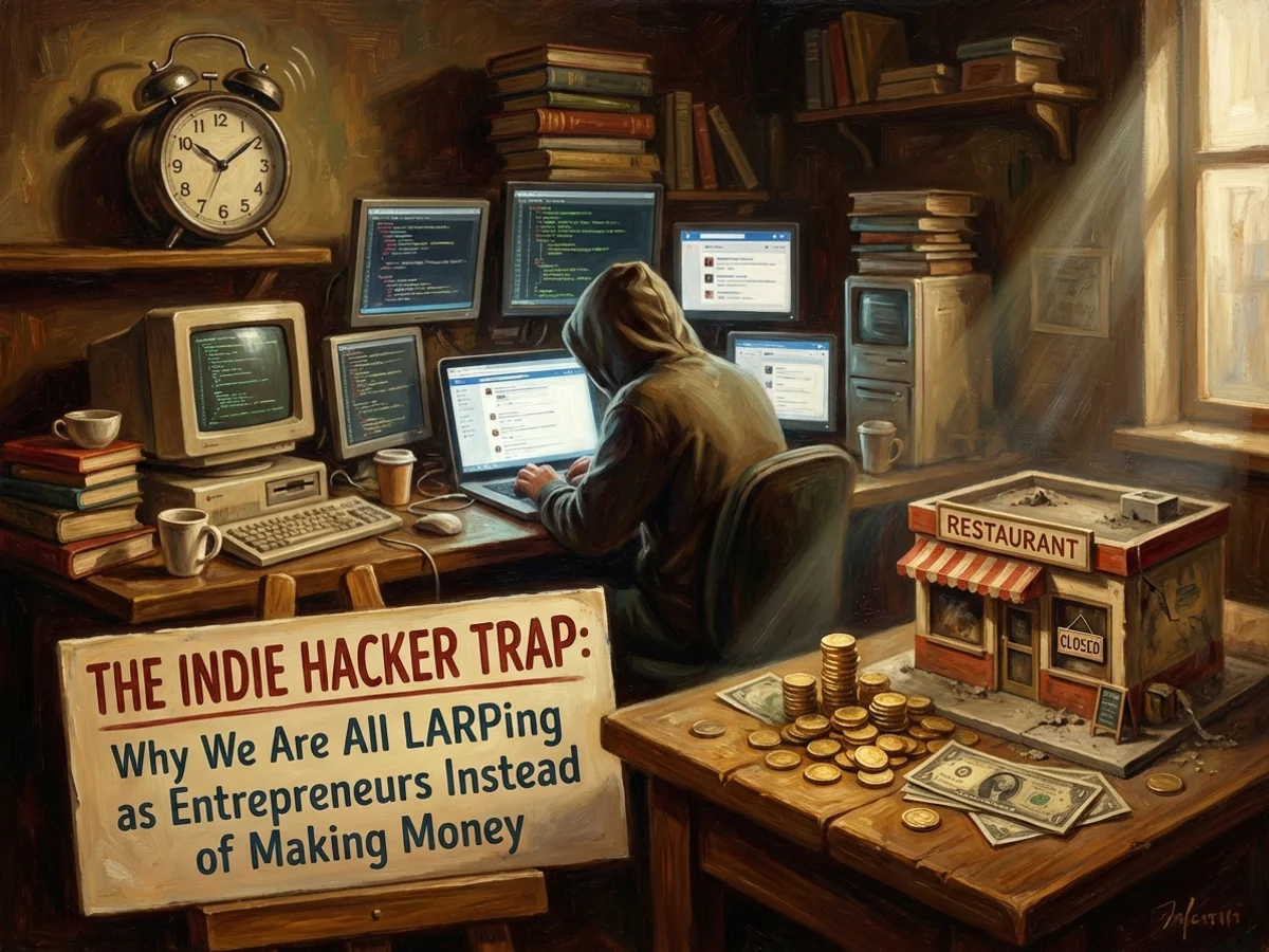 Oil painting cover for The Indie Hacker Trap essay